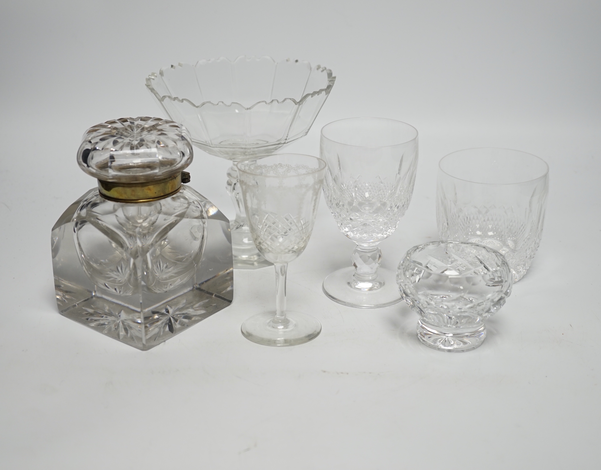 A Waterford cut crystal ‘’Colleen’’ pattern part suite of drinking glassware, together with a matching water jug and decanter and other glassware
